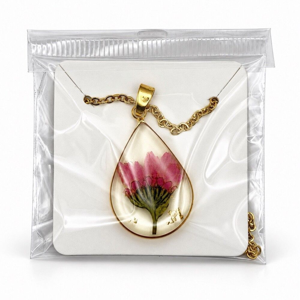 Hae’firic Pressed Pink Flower Resin Teardrop Pendant Necklace Gold Tone New